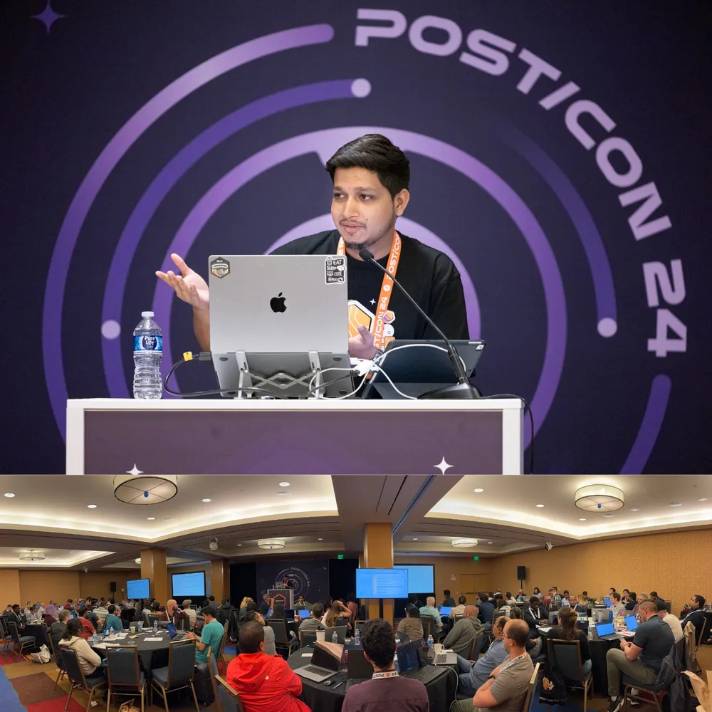 Ali Mustufa Shaikh leading an API workshop at POST/CON 2024 in San Francisco, with workshop attendees pictured below.