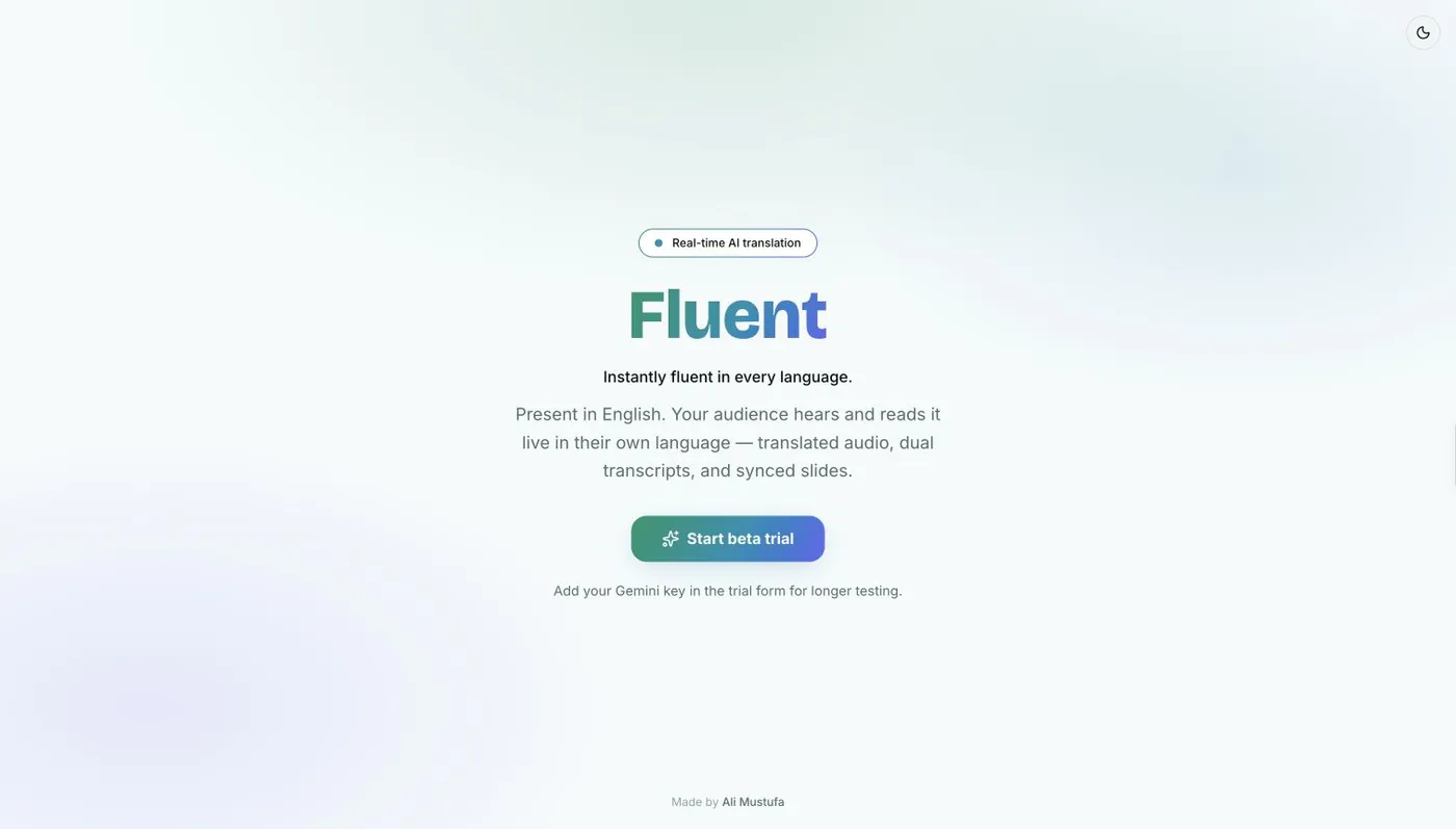 Fluent homepage introducing live presentation translation with translated audio, dual transcripts and synced slides.