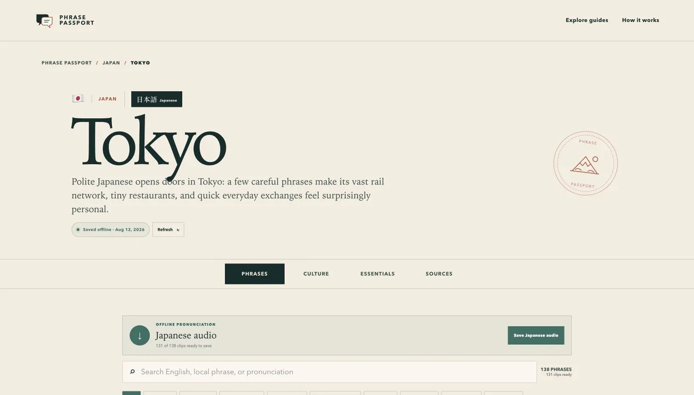 Phrase Passport Tokyo guide with Japanese pronunciation downloads and tabs for phrases, culture, essentials and sources.