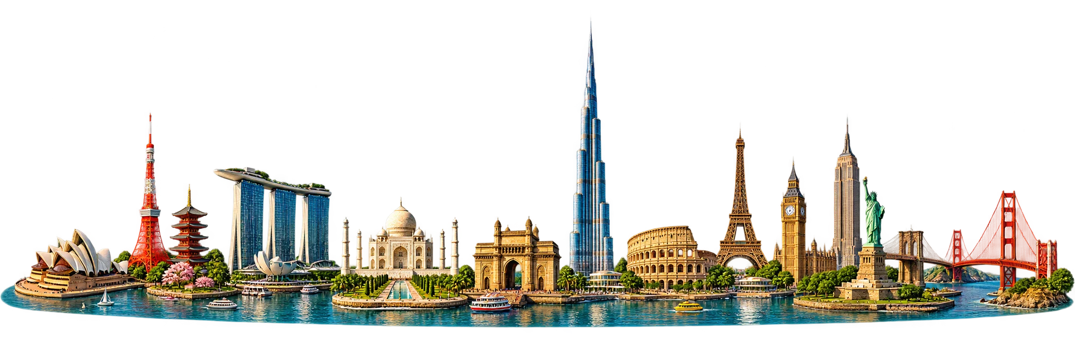 Miniature waterfront landmarks arranged from east to west: Sydney, Japan, Singapore, Agra, Mumbai, Dubai, Rome, Paris, London, New York and San Francisco.